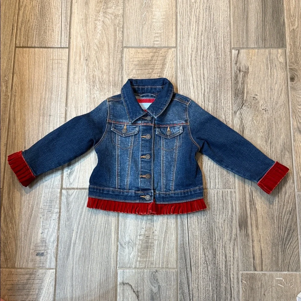 Urban Charlee Girls‎ Denim Jacket w/Red Velour Ruffle Hem & Horse Embroidery